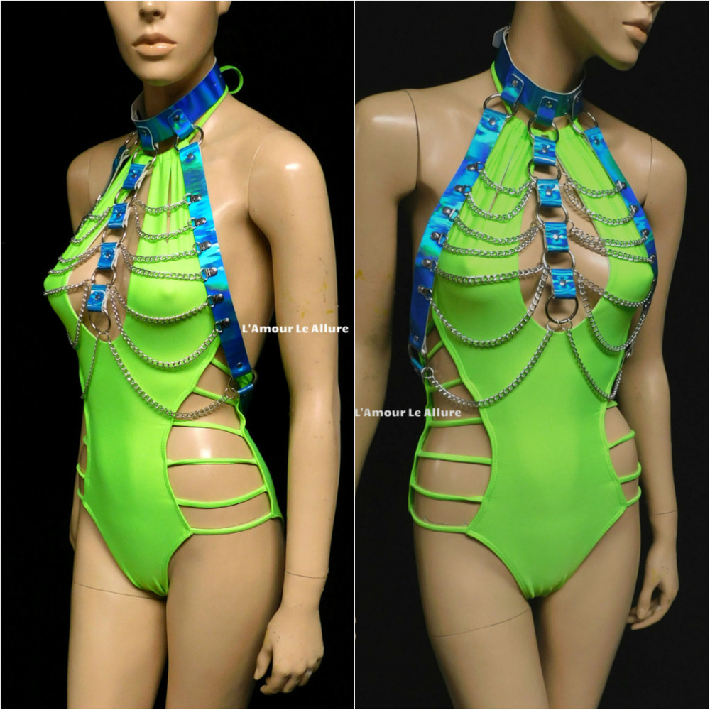 Blue Holographic Chain Body Harness Top